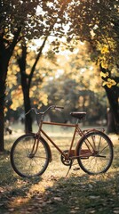 Fototapeta premium Autumn Ride: A vintage bicycle rests under a canopy of fall foliage, basking in the warm glow of sunlight, evokes the feeling of a crisp autumn day. 
