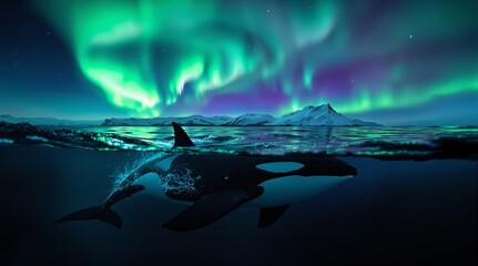 Orca pod swimming under aurora borealis in Arctic waters