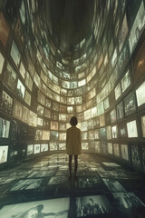 Futuristic Control Room with Holographic Monitors and Silhouetted Figure