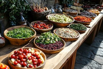 Food buffet Serving variety outside, stone wall