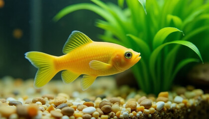 Yellow platy fish swimming gracefully in clear aquarium, surrounded by lush green aquatic plants and sandy substrate. Pet care, aquarium hobbyist content, and nature-themed projects.