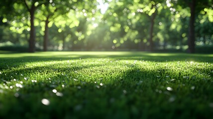 Naklejka premium Vibrant green lawn surrounded by lush trees in a serene outdoor landscape scene