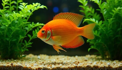 Obraz premium Orange fish swimming in well-maintained aquarium, surrounded by lush green aquatic plants and gravel substrate. Pet care articles, aquarium hobbyist websites, or decorative purposes.