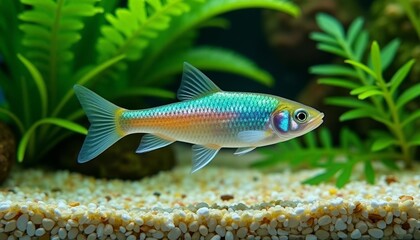 Fototapeta premium Dazzling rainbow fish swims in well-maintained aquarium, surrounded by lush green aquatic plants and pebble-covered substrate. Pet care articles, aquarium hobbyist websites, or decorative purposes.