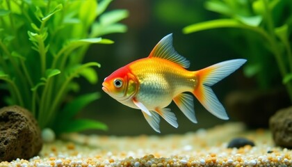 Vibrant goldfish with bright orange head and fins swims in clear aquarium with lush green aquatic plants. Tank's bottom covered with small smooth pebbles. Pet care articles, aquarium hobbyist websites
