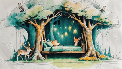 Hand drawn style image of swing bed between trees with lights. Fox and other forest animals present. Bed has green blankets and pillows.