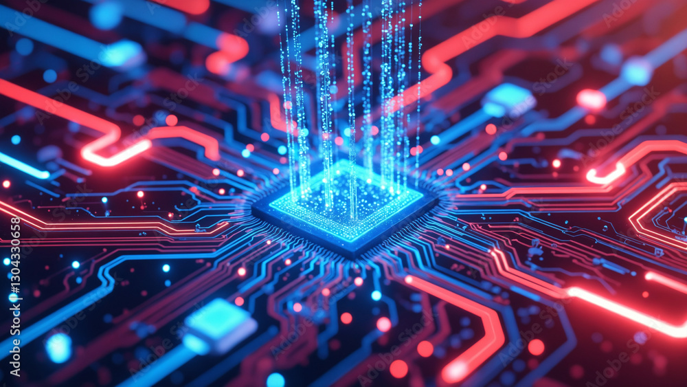 Poster bright digital circuits radiating energy in a futuristic neon setting background