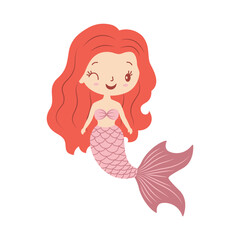 Cute Pretty Little Girl Mermaid Cartoon Character in the Sea with Happy Expression