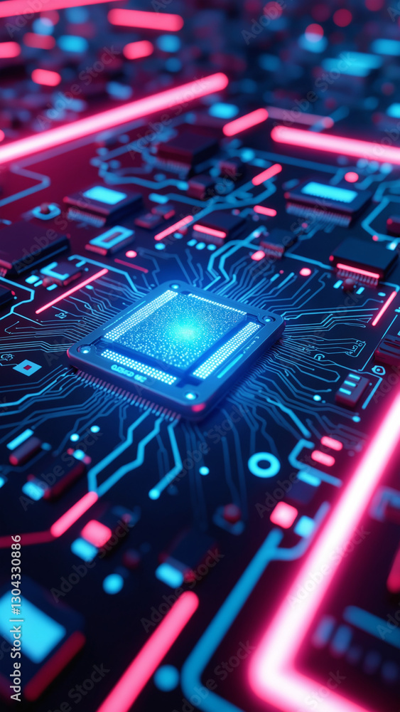 Poster bright digital circuits radiating energy in a futuristic neon setting background