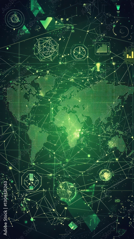 Poster global connectivity: a striking, technologically advanced representation of the world, interwoven wi