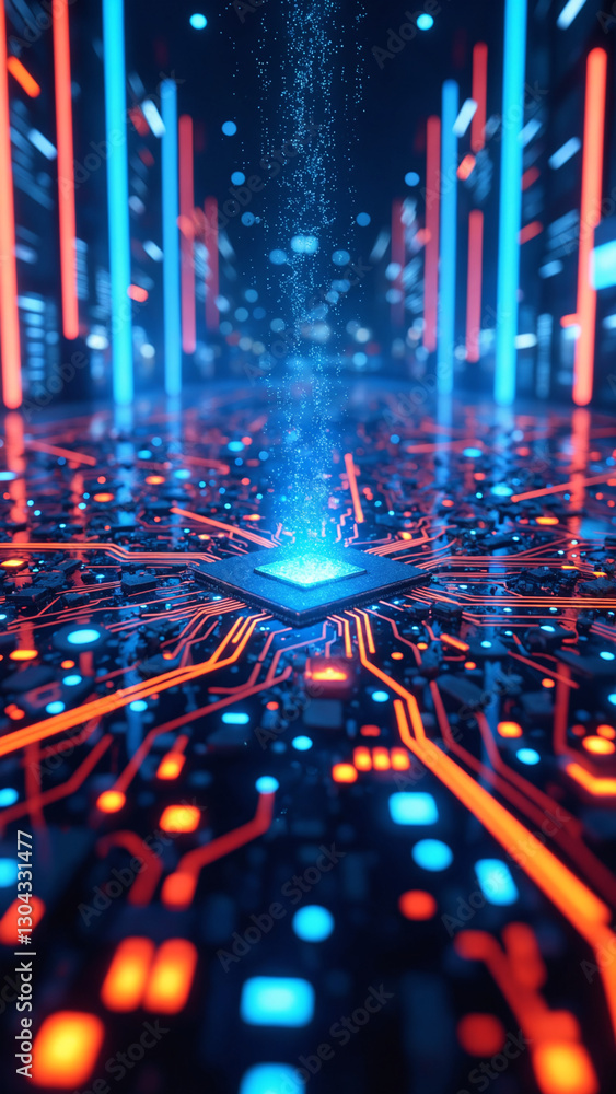 Poster bright digital circuits radiating energy in a futuristic neon setting background