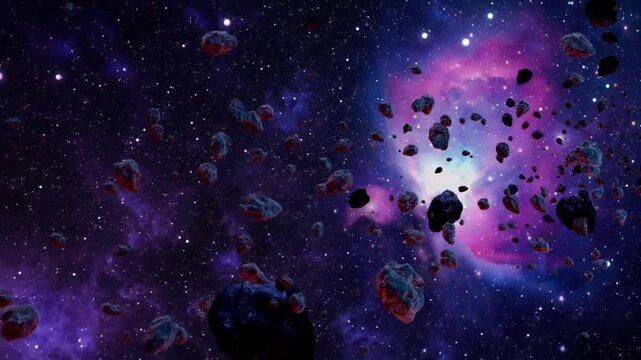 Dark asteroids traveling through infinite cosmic expanse, moving silently toward distant nebula with mysterious interstellar journey revealing vast space environment