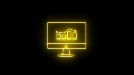 Glowing line Monitor icon with Business Graph up to down. Business growth and success infographics with glow and rising arrow. Bar chart graph with monitor icon.	
