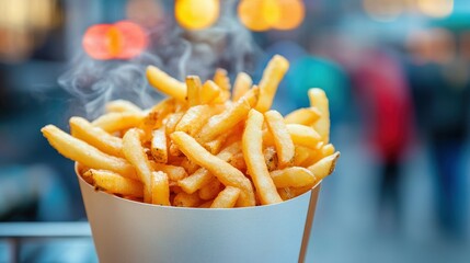 Delicious hot fries served in a paper cone on a busy street