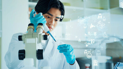 実験する研究者と科学技術イメージ