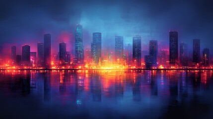 Vibrant city skyline reflects in tranquil water at night showcasing bold neon colors. AI Generated