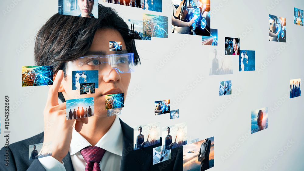 Poster vrゴーグルでホログラム映像を見る男性