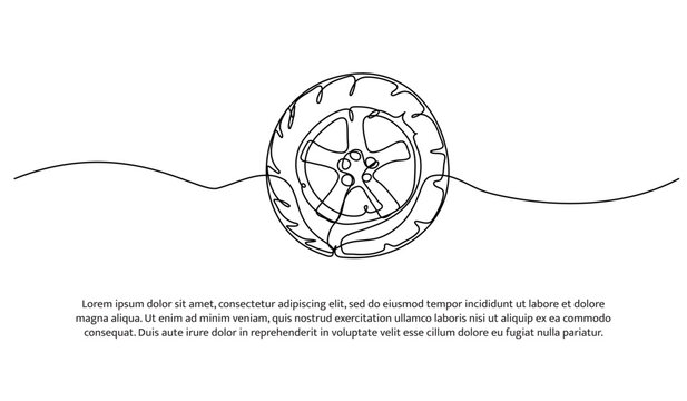 Continuous one line design of car wheel and tire. Minimalist style vector illustration on white background.