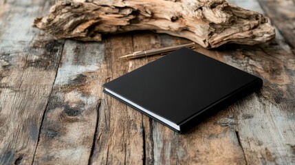 This image showcases a sleek black notebook and a stylish pen resting on a beautifully textured wooden table, evoking creativity and inspiration in a serene setting.