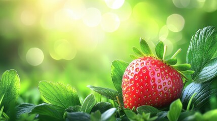 A vibrant red strawberry, plump and juicy, stood majestically against a backdrop of lush, emerald green leaves, its glossy surface reflecting the sunlight with an alluring gleam.