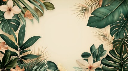 Naklejka premium Tropical Leaves and Flowers Border on Beige Background