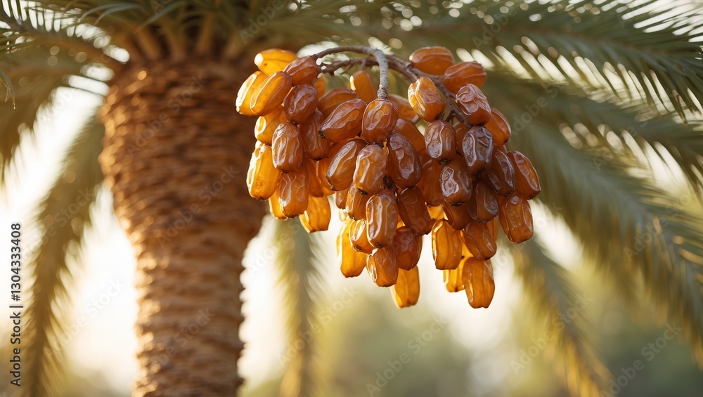 Poster dates hanging from a palm tree in a warm afternoon light in a lush garden setting