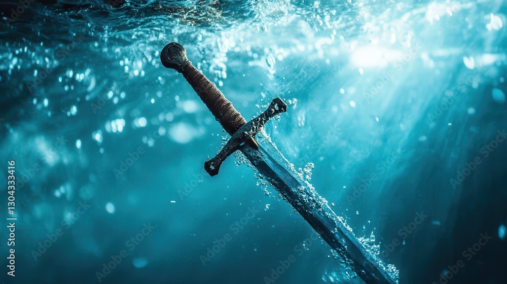 Poster a mystical sword submerged in crystal-clear water, showcasing reflections of light and movement, cre