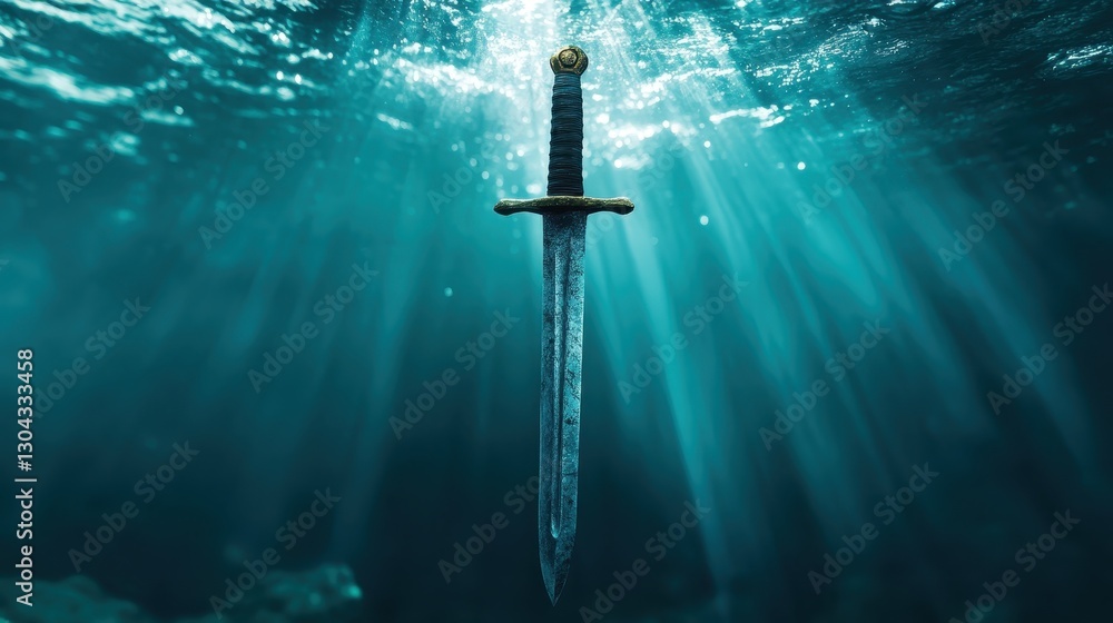 Poster an elegant sword floats in crystal-clear waters, illuminated by soft sunlight, creating a magical sc