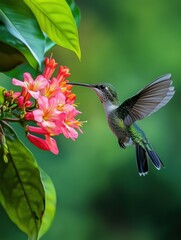 Naklejka premium Hummingbird feeding on vibrant flowers in a lush garden