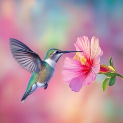 Hummingbird hovering near pink hibiscus flower in vibrant garden
