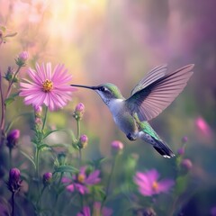 Fototapeta premium Hummingbird hovering near vibrant flowers in a lush garden