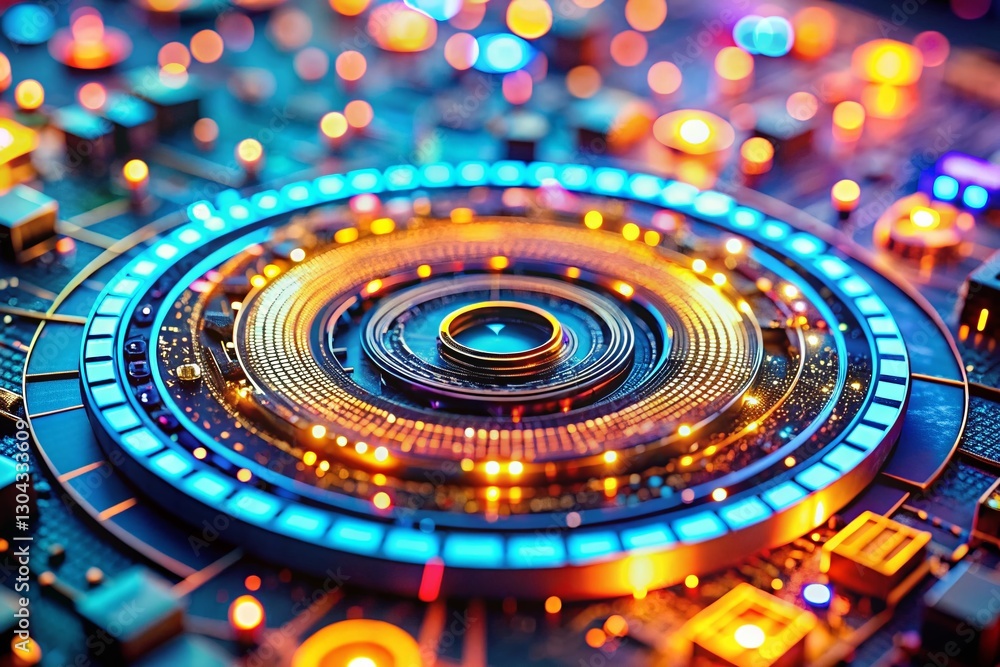 Poster abstract technology circular pattern background - tilt-shift miniature effect stock photo