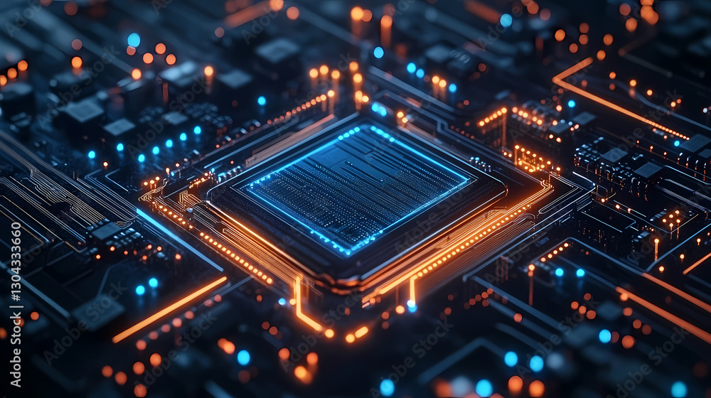 Poster glowing processor on circuit board with complex wiring