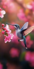 Fototapeta premium Hummingbird hovering near blooming pink flowers in springtime