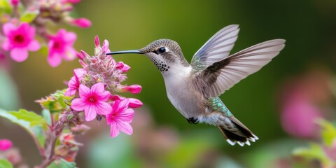 Fototapeta premium Hummingbird hovering near vibrant pink flowers in a garden