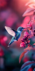 Fototapeta premium Hummingbird hovering near colorful flowers at sunset