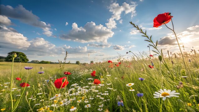 Beautiful field of red poppies under a blue sky in summer