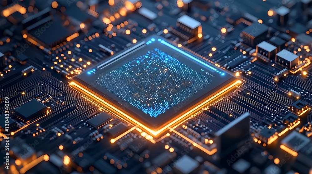 Poster glowing chip with data flowing on circuit board