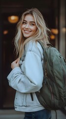 Fototapeta premium Young woman with blonde hair and stylish backpack ready for adventure outdoors