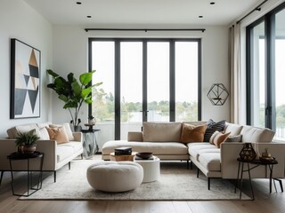 Bright Living Room Interior Design. Beige Couch and Pillows sit in Modern Styled Room with Large Window and Rug. Interior has geometric artwork and plants.