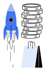 Blue rocket launching upwards near a stack of coins and a shopping bag, suggesting financial growth, business innovation, and retail success. Ideal for themes thumbs up startups, investments