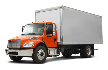 Modern american delivery truck with chrome elements with white van and orange cabin. Front side view isolated on white background.
