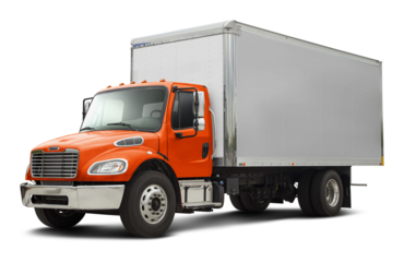 Modern american delivery truck with chrome elements with white van and orange cabin. Front side view isolated on white background.