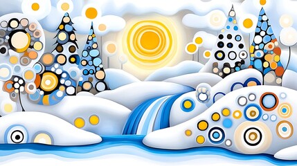 Whimsical Winter Wonderland Abstract Snowy Landscape with Waterfall and Colorful Trees