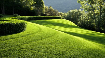 Fototapeta premium A picturesque view of a green lawn with a gentle hill under a clear blue sky