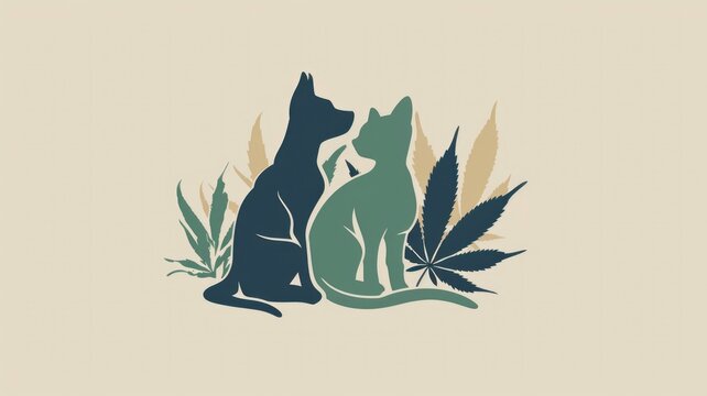 Relaxing botanical design with cats and hemp leaves for National Pet CBD Day,