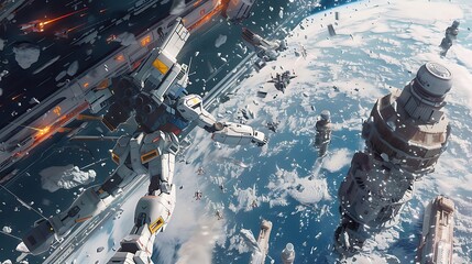 A Gundam defending a crumbling space station from a swarm of enemy drones.

