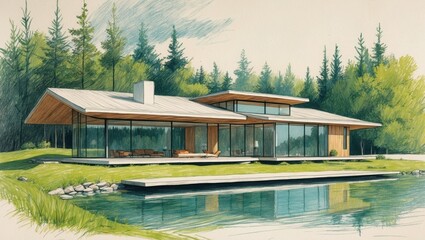 Ink sketch of modern home on green lawn with pond. Home has large glass windows and flat roof. Trees fill background.