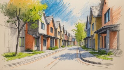 Obraz premium Colorful Houses Line Street Drawing. Row of homes with gabled roofs in various colors under blue sky. Hand drawn style illustration with trees.