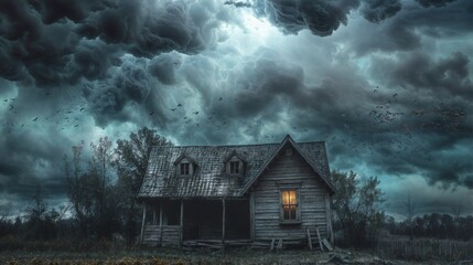 An old, eerie house under a turbulent sky filled with dark clouds and birds flying away, creating a sense of mystery..